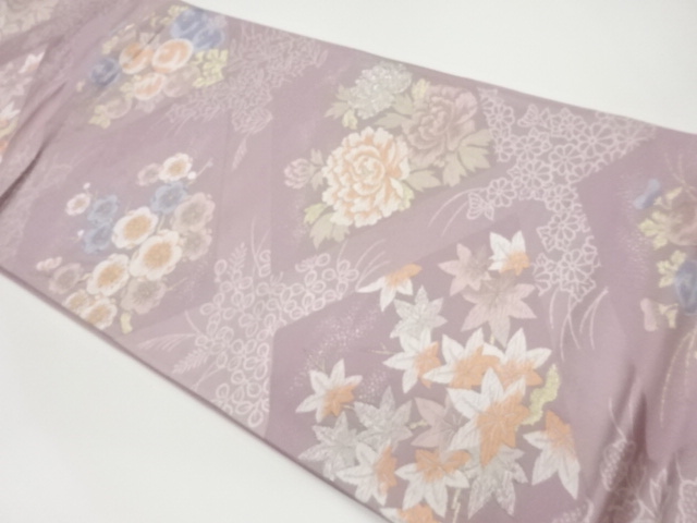 菱に花々模様織出し袋帯